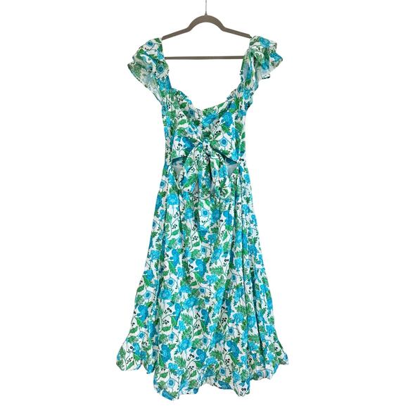 VICTORIA DUNN BLUE & GREEN FLORAL BACKLESS MIDI DRESS - Picture 3 of 5